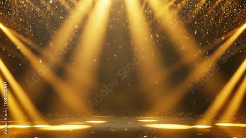 Golden Spotlight Beams in Dramatic Luxury with Warm Golden Lighting on Glossy Black Background for Awards Ceremony