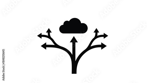 Black cloud computing symbol with arrows on white background for technology and innovation concept