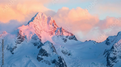 A breathtaking landscape of snow-capped mountain peaks amidst a picturesque, frosty nature scene, offering a chilling, scenic view of the sky and surrounding clouds.