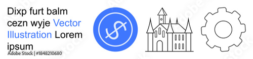 Economy, history, industry, financial development, heritage, technology. Circular dollar symbol, historic castle and mechanical gear icon. Economy and history in visual