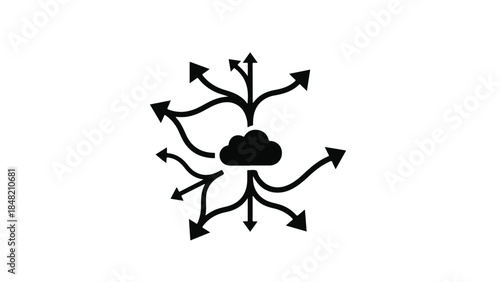 Cloud computing network concept with arrows connecting to central cloud storage icon on white background for technology and data exchange