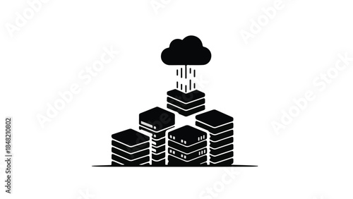 Black and white illustration of server stacks with rain cloud pouring down data, representing big data, cloud computing, and modern technology infrastructure