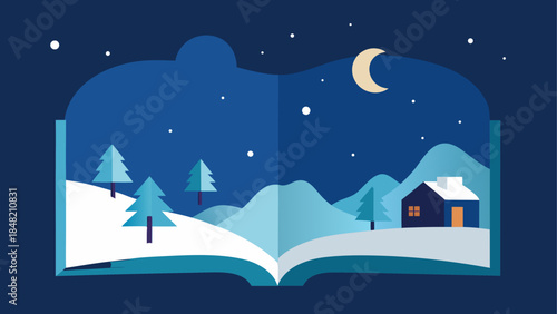 A captivating winter night scene unfolds from the pages of an open book, with a cozy house under a starry sky