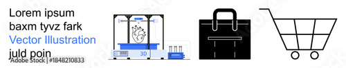 Technology, e-commerce, industry, product development, shopping, retail. 3D printer setup, bag cart icons in clean design. E-commerce and product development visualization