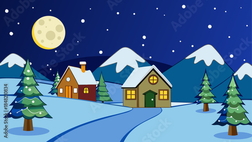 A cozy winter night scene with snow-covered houses, pine trees, and a bright full moon
