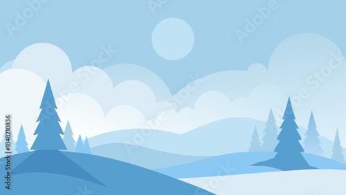 Minimalist winter landscape illustration with fir trees and rolling snow-covered hills