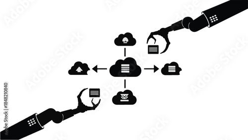 Cloud computing data exchange concept with devices and icons connected to central server for synchronization and storage