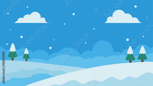 A serene minimalist winter wonderland illustration with snow-covered hills and pine trees