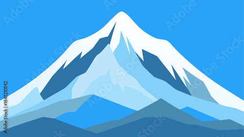A serene and majestic snow-capped mountain range under a clear blue sky, rendered in a striking flat design style