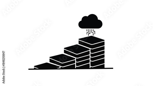 Cloud computing data storage technology concept with stack of blocks and rain pouring down, symbolizing digital information and modern infrastructure