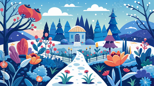 A vibrant winter wonderland scene with a magical gazebo and blooming fantasy flowers