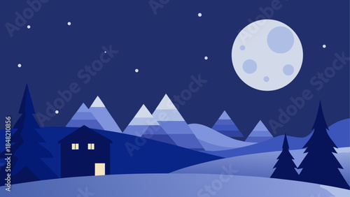 Cozy cabin in a serene winter wonderland under the glow of a full moon