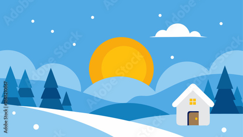 Idyllic winter scene featuring a cozy house, evergreen trees, and a setting sun over snowy hills