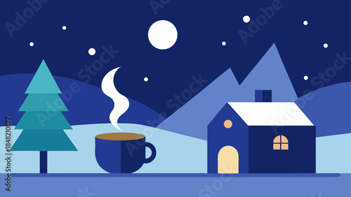 Cozy winter night scene with a steaming cup of hot coffee under a starry moonlit sky