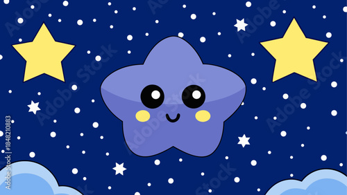 A cute smiling purple star surrounded by bright yellow stars and twinkling dots in a magical night sky