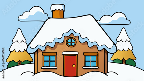 A charming cartoon house nestled in a snowy winter landscape with festive trees