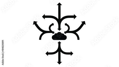 Cloud computing concept with arrows radiating from central cloud symbol in black and white, representing data flow and network connectivity