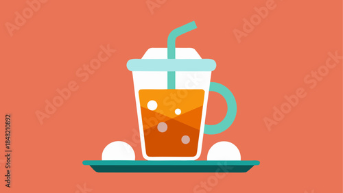 Refreshing orange drink illustration with bubbles, straw, and a handle on a serving tray