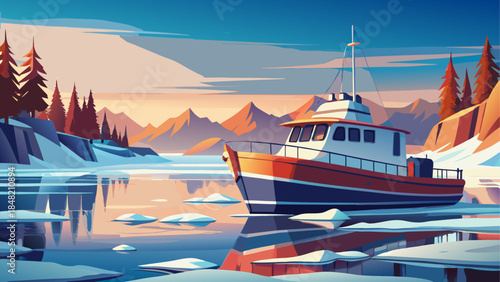 A tranquil winter voyage: fishing boat navigating through icy waters amidst majestic snowy mountains