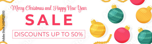 Sale banner with brightly colored Christmas tree decorations. Christmas and New Year's sale banner. Online banner template, flyer, social media post, advertising