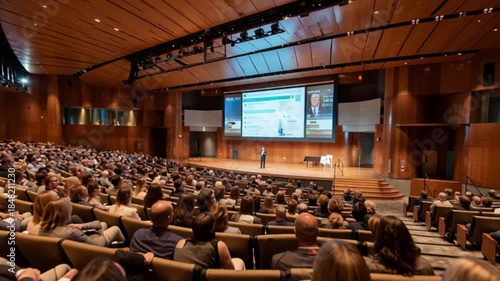 Bustling seminar audience in a spacious hall: Diverse people gathered for a corporate presentation, cinematic wide shot for professional development and event highlights.