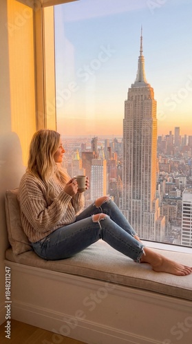 relax woman hot drink coffee new york city window city life room home vertical concept