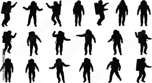 Astronaut silhouette set with spaceman floating standing and jumping poses isolated on white background black space exploration vector illustration collection