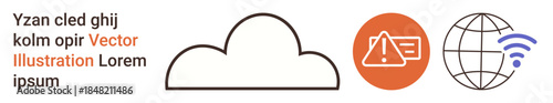 Cloud technology, cybersecurity, global connectivity, data sharing, network alerts, and internet access. Cloud outline, warning icon globe with signal symbol. Cloud technology and cybersecurity