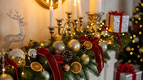 Christmas decoration with candles and gift boxes on mantelpiece in room