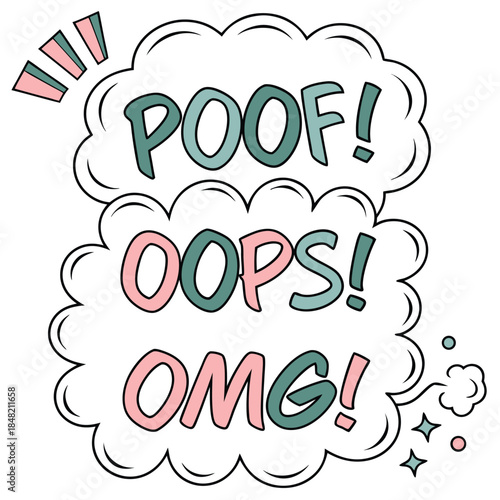 Comic Style Speech Bubbles With Words Poof Oops Omg In Pastel Colors Keywords: comic, speech bubble, poof, oops, omg, pastel, colors, text, word