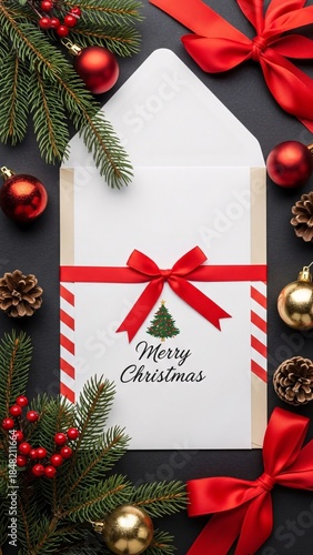 Christmas greeting card with envelope and decorations on black background, top view