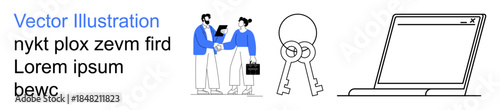 Business dealings, real estate, teamwork, online transactions, ownership, communication. People shaking hands, keys and a laptop. Business dealings and real estate concepts illustrated