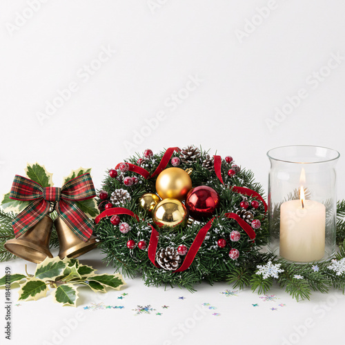 Christmas wreath with burning candle and baubles on white background