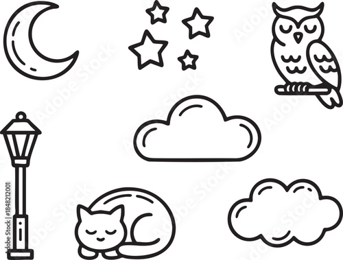 Collection of minimalist line art icons featuring a sleeping cat an owl and night sky elements