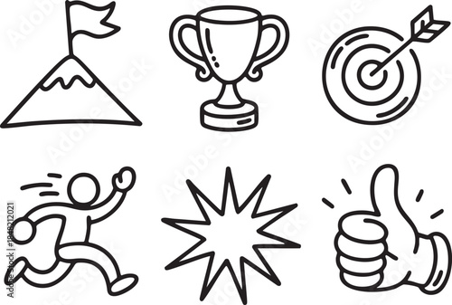 Collection of six hand drawn icons representing achievement success and effort goal target