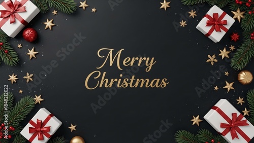 Merry Christmas and Happy New Year greeting card with fir tree branches, gift boxes and confetti on black background