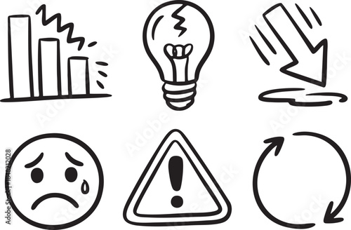 Collection of six hand drawn icons representing business and emotions chart graph