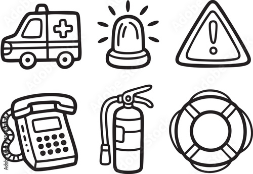 Collection of six hand drawn line art icons emergency and safety equipment ambulance siren