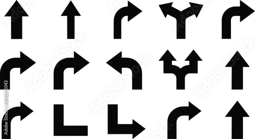 Black arrow direction icons set with straight, turn, and split arrows, navigation symbols isolated on white background for interface and signage design