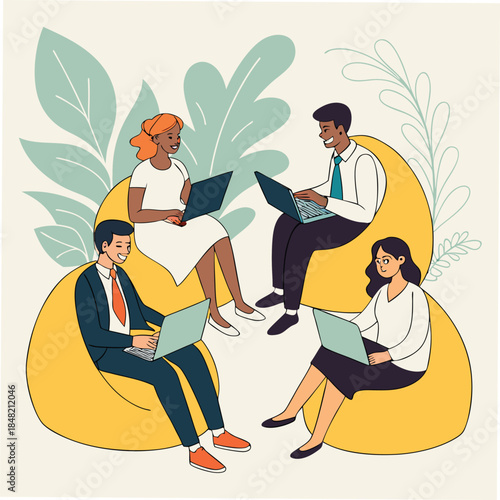 Four people working on laptops while sitting on beanbag chairs with plants vector illustration
