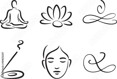 Six minimalist black line art icons depicting meditation lotus flower incense and face stick