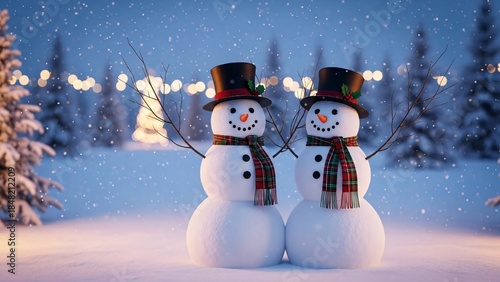 Snowman family in winter forest at night. Christmas and New Year concept.