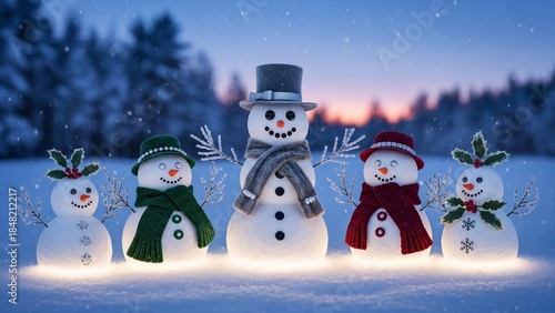 Snowman family in winter forest at sunset. Christmas and New Year concept.