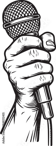 Stylized vector illustration of a powerful hand gripping a classic microphone, symbolizing music, public speaking, and protest
