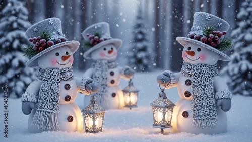 Snowman with lanterns in winter forest. 3d illustration.