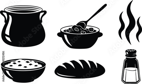 Flat design close up set of six kitchen icons showing black silhouettes of pot soup bowl spoon steam bread and salt shaker on white background minimal