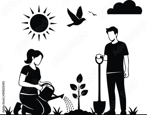 Silhouette vector low angle view two gardeners planting a young tree sapling man holding shovel woman pouring water looking at plant sunny sky bird flying peaceful