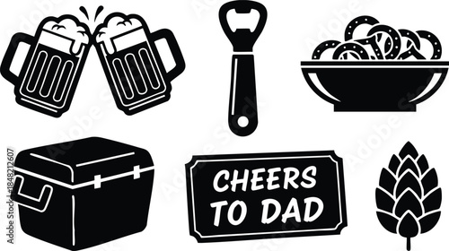 Flat design beer icons fathers day sticker sheet with clinking mugs looking forward bottle opener pretzels cooler chest hop cone cheers to dad sign black silhouette