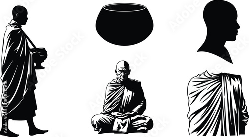 Silhouette vector of buddhist monk walking with alms bowl looking at ground seated meditating monk profile and back view robes high contrast black and white minimalist