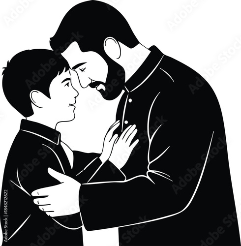 Minimalist silhouette close up father and son forehead to forehead hug in intimate pose side view black and white vector art emotional tender portrait warm affectionate